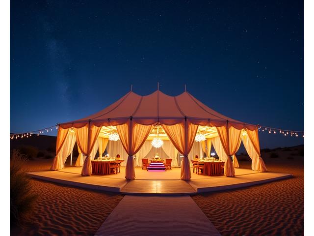 Luxuriously decorated private event tent under a star-lit sky